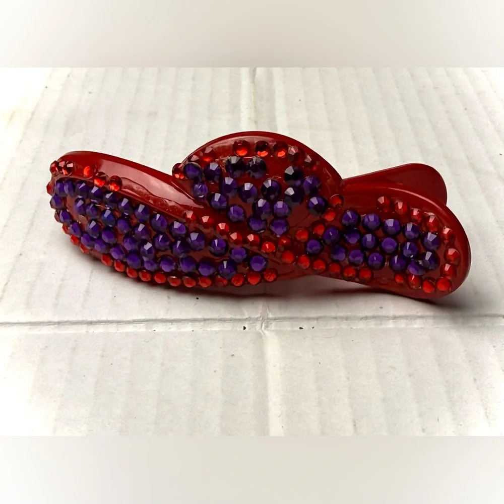 Vintage Rhinestone Hair Clip Barrette Purple & Red Gemstones Plastic 90s